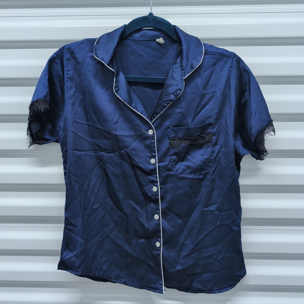 Mango Pajama Top Size L Womens Navy Blue Satin Lace Trim Button Down Sleepwear